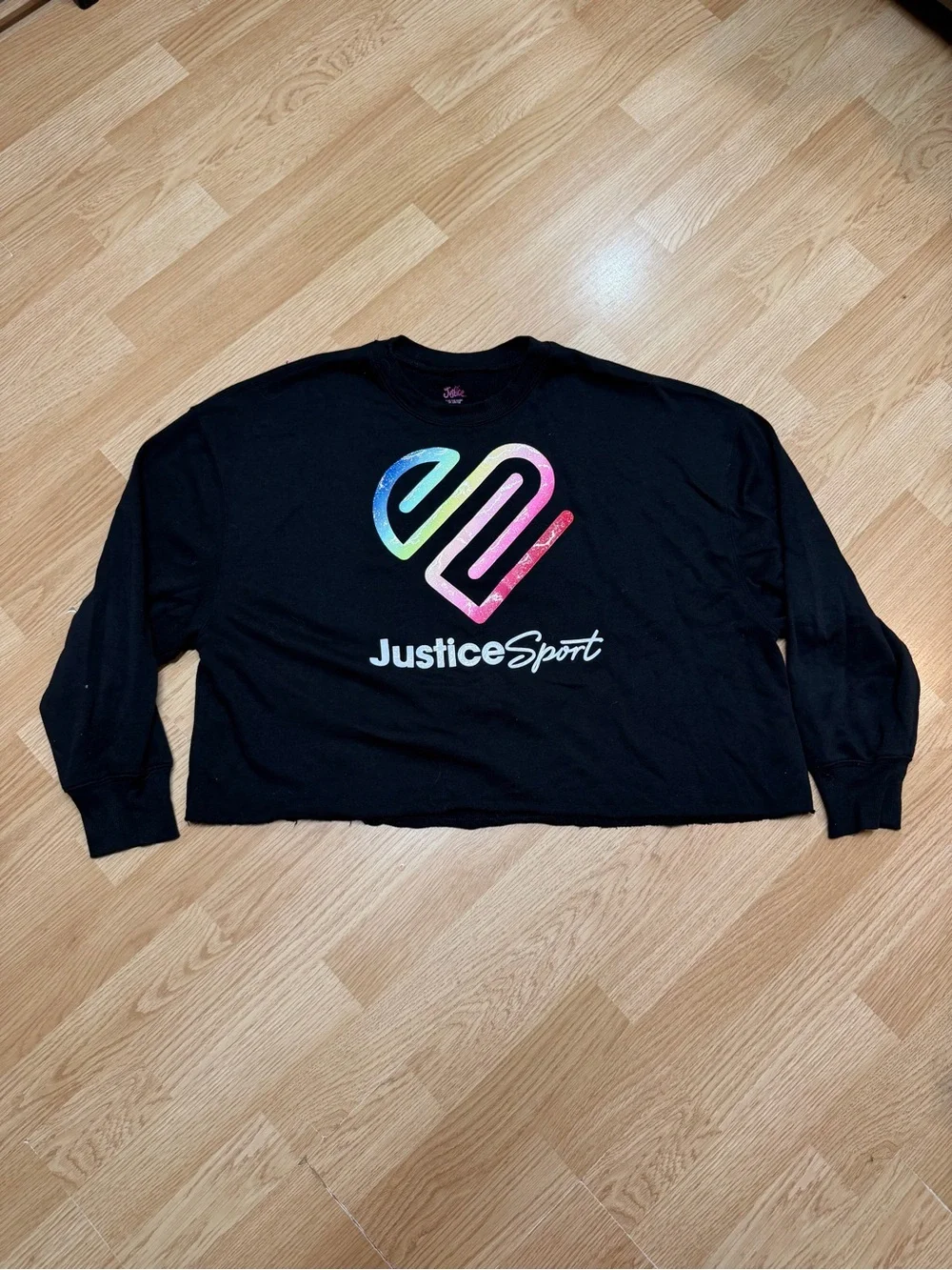 Justice Sport Girls XL 16/18 Black Cropped Logo Crewneck Sweatshirt Glitter
